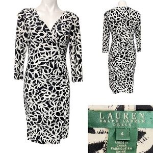 Lauren Ralph Lauren dress sz 4 Monochrome black/white 3/4 slv geometric print